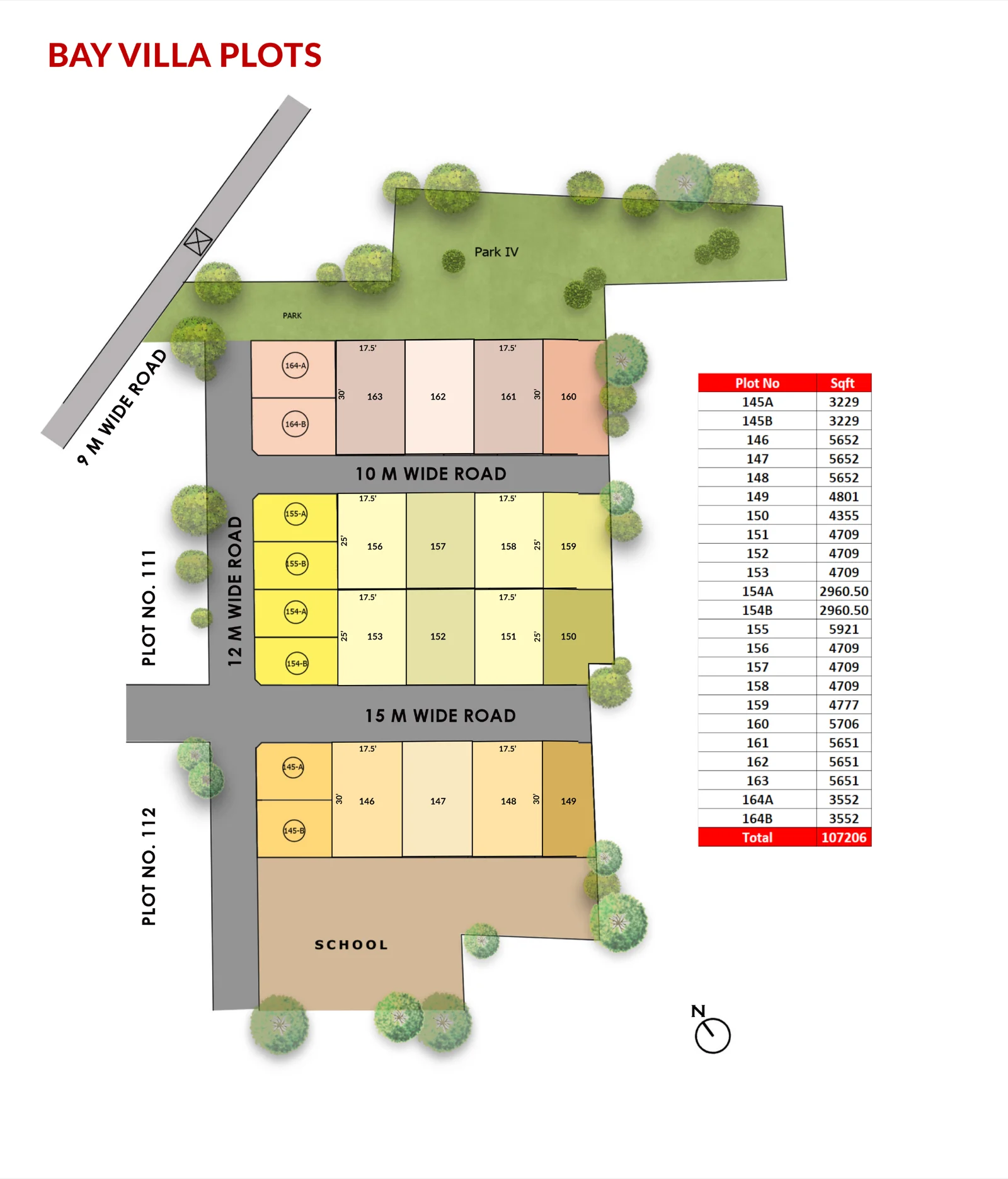 Layout of the 23 Bay Villa plots at Sriperumbudur, each one numbered with its area in square feet, the roads between them, Park IV along the northern edge and the school plot to the south